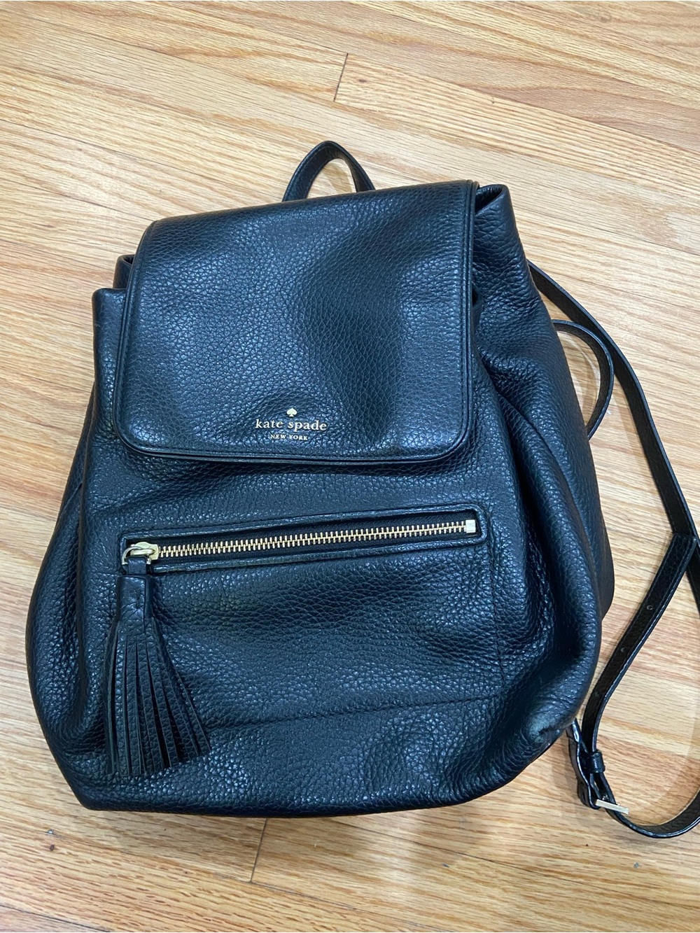 kate spade Black Pebbled Leather Backpack with Tassel Zip